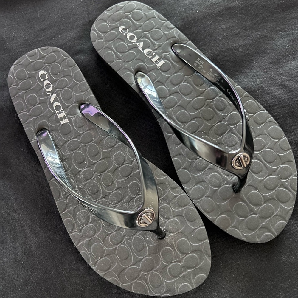 Coach Black Logo Flip Flop Sandals with Metallic Accent